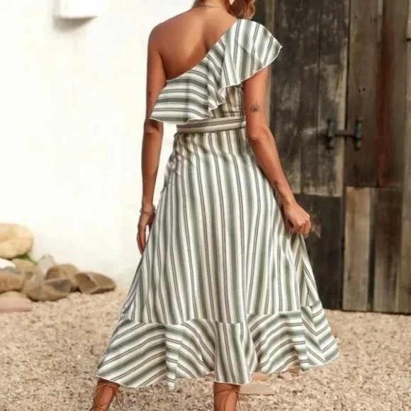 Striped ruffle hem belted one shoulder midi dress Boho - Picture 4 of 6
